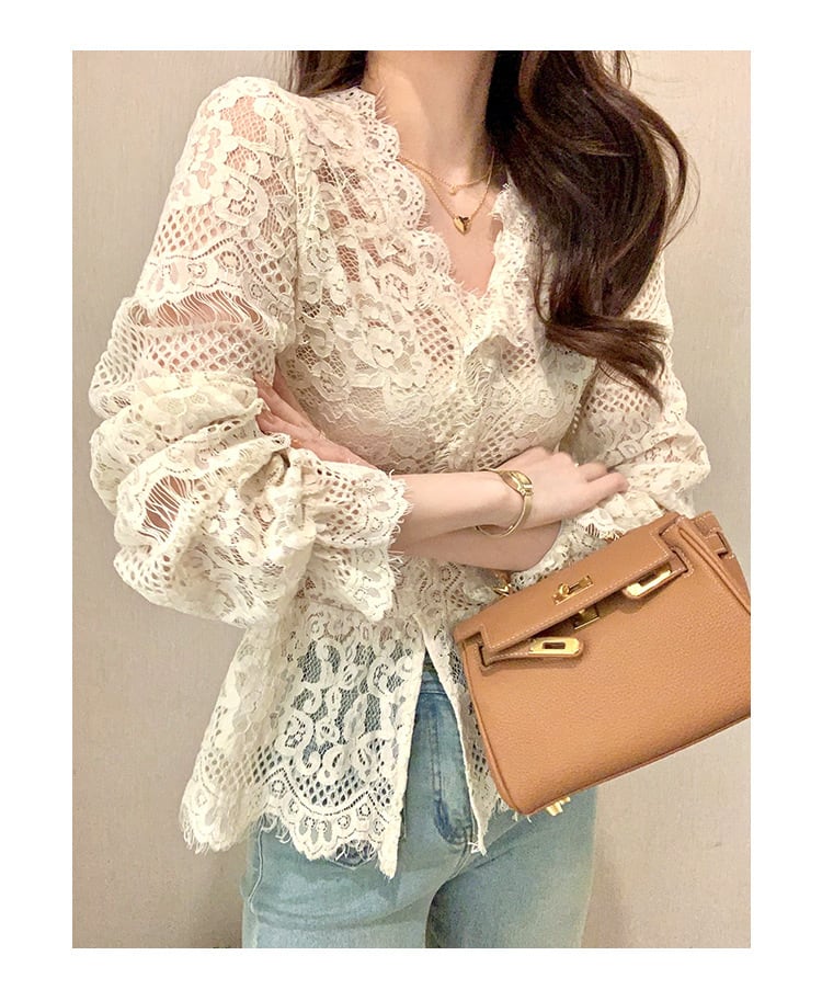 【tops】VネックレースブラウスF7091