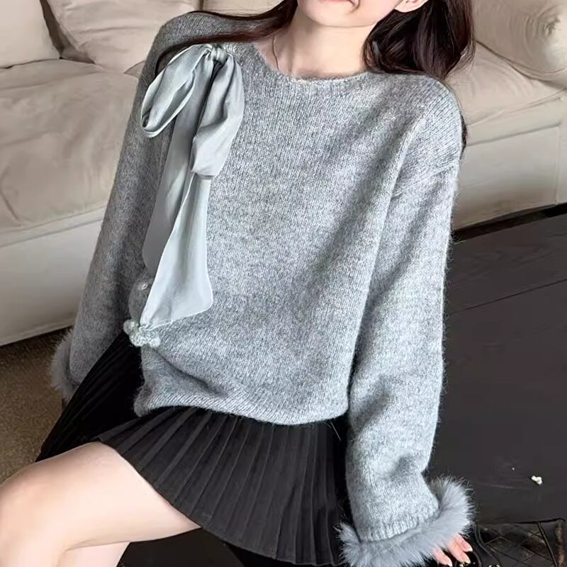 【tops】リボン付き袖ファーニットトップス Q7292