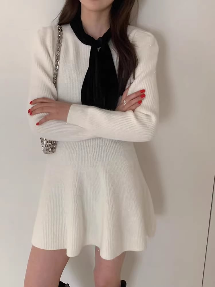 【dress】スカーフカラーニットワンピース Q7482