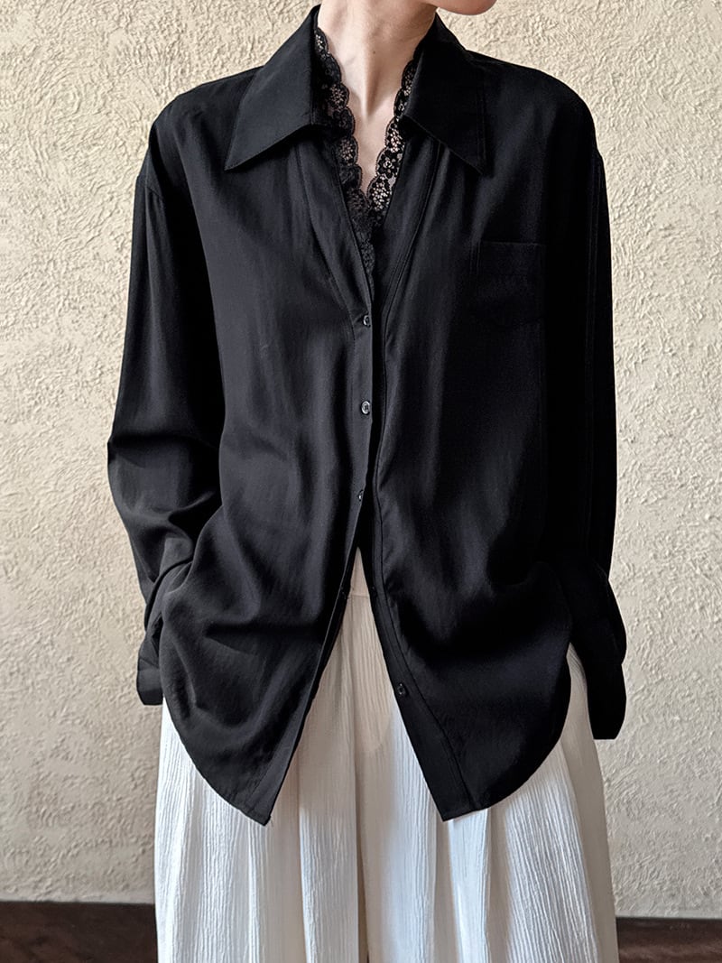 【tops】レース切り替えシャツブラウス　M29946
