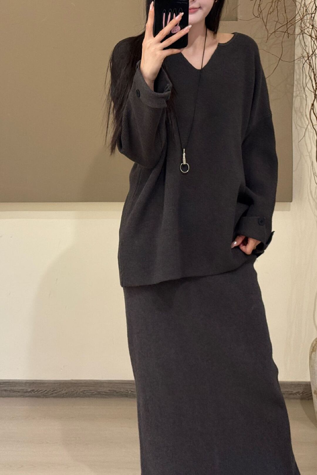 【set】Vネックニットトップス×ロングスカートセット Q7439