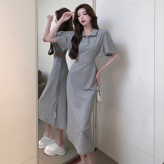 【dress】POLOネック透かし彫りスリットワンピース G21109