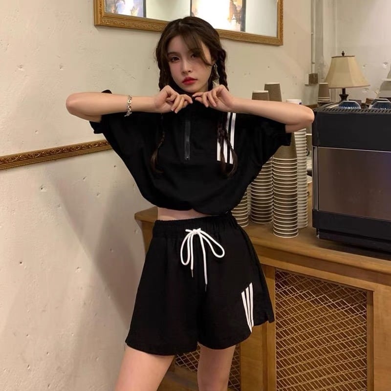 【set】INS風カジュアル気質満点POLOネックトップス+ショートパンツレディース２点セット G13533