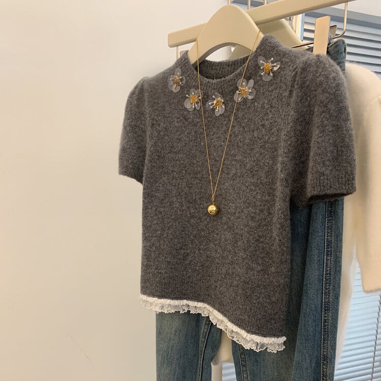 【tops】レース切り替えニットトップス　M29075
