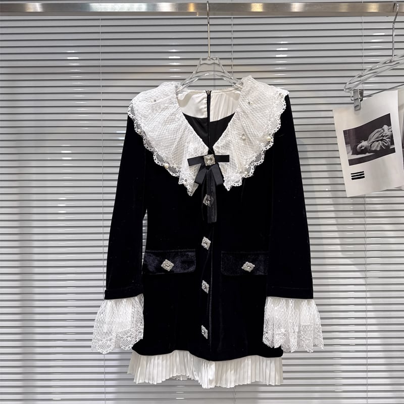 【dress】レースドッキングベルベットワンピース Q7339