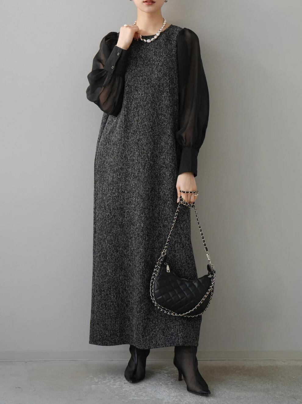 【dress】シアースリーブドッキングワンピース　N2964