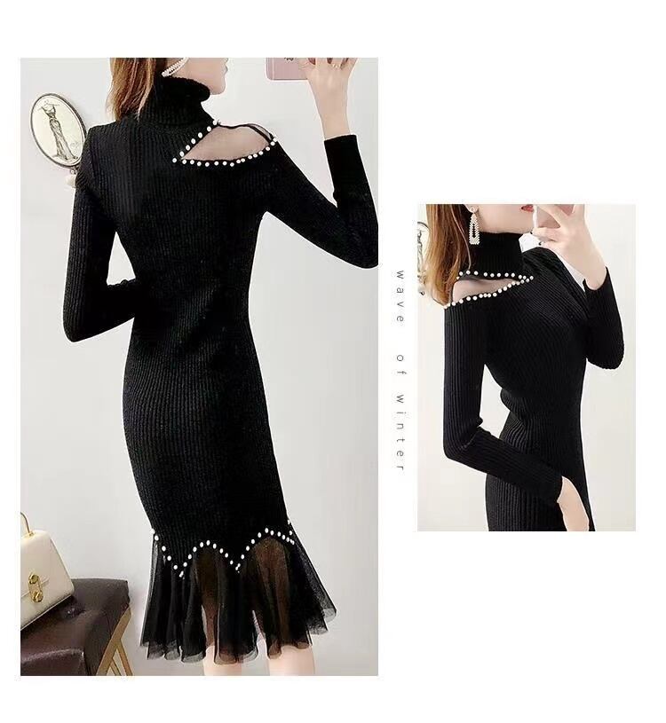 【dress】細身効果抜群♪レース切り替え体型カバーファッション無地人気ニットマーメイドワンピースF1436