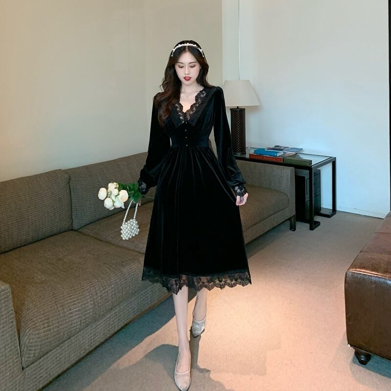 【dress】上品な質感エレガント気質満点オシャレレース切り替え着痩せワンピース G3140