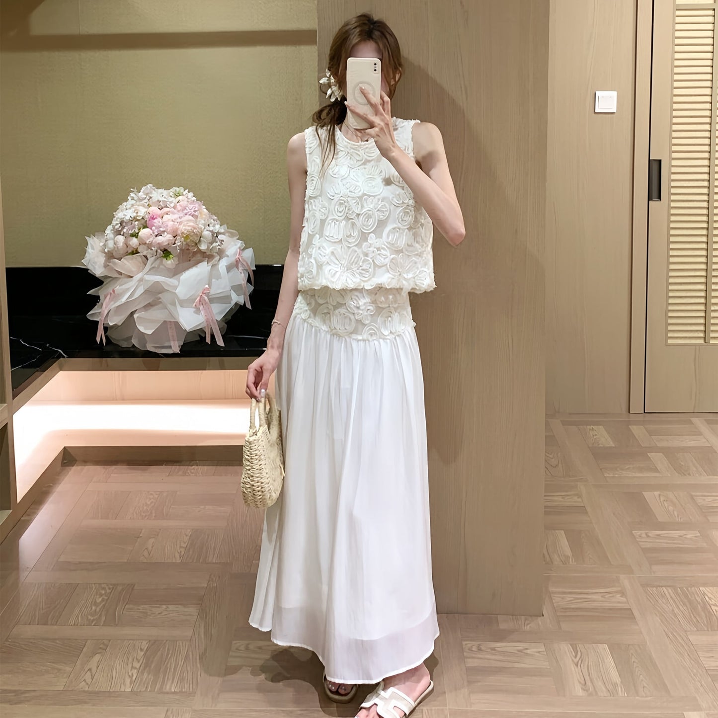 【set】立体感フラワートップス×ロングスカートセット     N3577