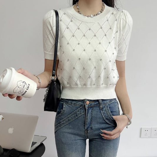 【tops】2色ラインストーンニットＴシャツF7351