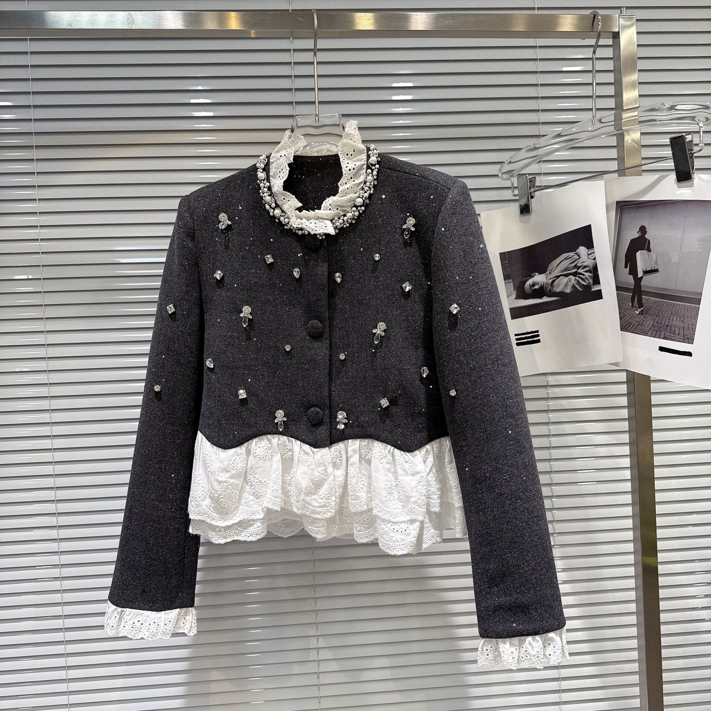 【set】レースドッキングショートジャケット×ショートパンツセット N3479