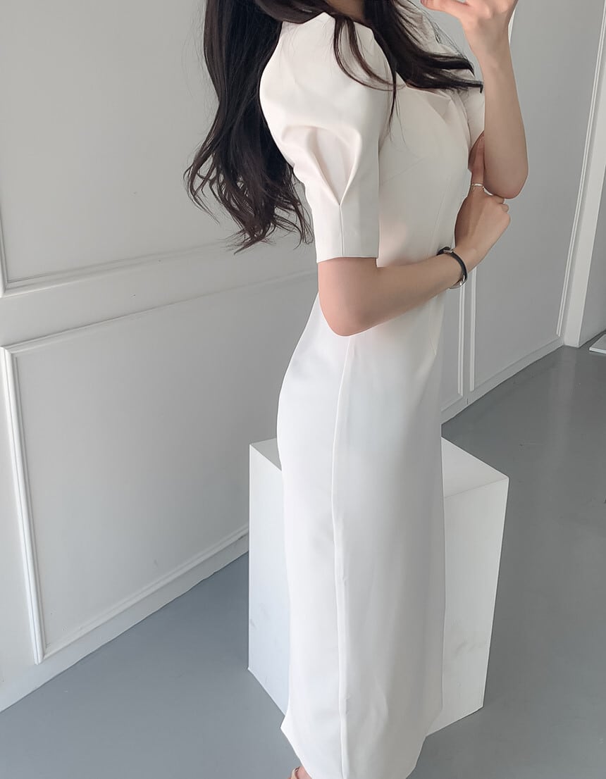 【dress】韓国風着痩せスクエアネックパフスリーブスリット気質満点ワンピース