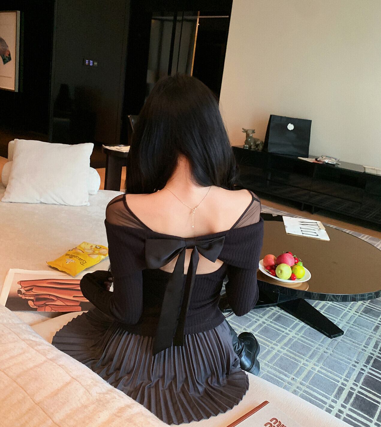 【tops】チュールドッキングリボンニットトップス　N3490
