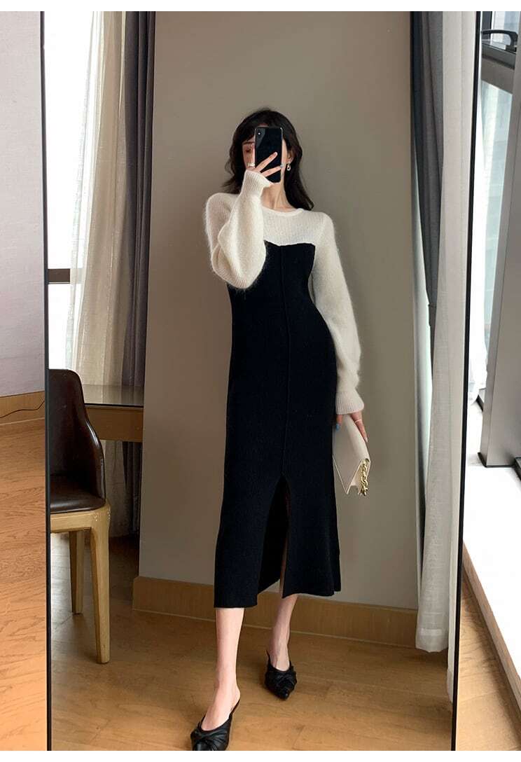 【dress】好感度UP!気質満点カラーマッチングレトロスリット着痩せニットワンピース G3908