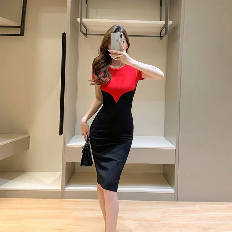 【dress】早い者勝ち夏新作2色ラウンドネック半袖配色韓国ファッションタイトワンピースF2630