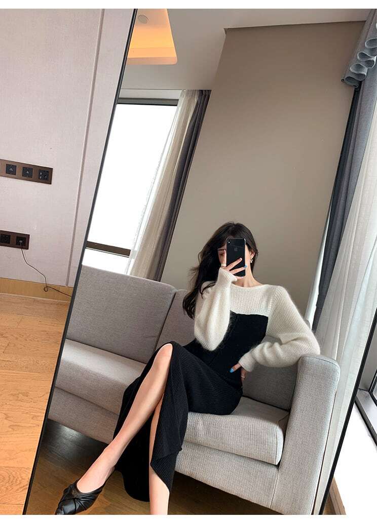 【dress】好感度UP!気質満点カラーマッチングレトロスリット着痩せニットワンピース G3908