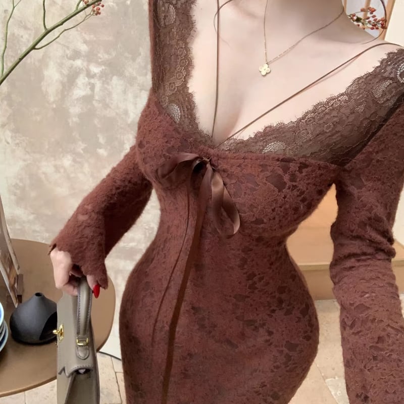 【dress】胸パット付きロングレースワンピース Q8167