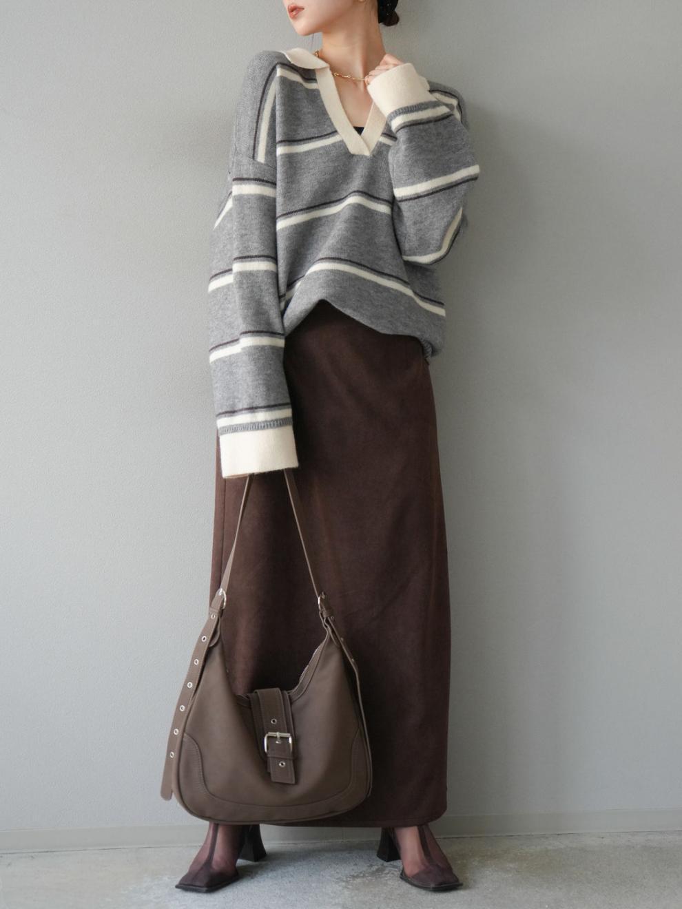 【tops】Ⅴネックボーダー柄ニットトップス N3430