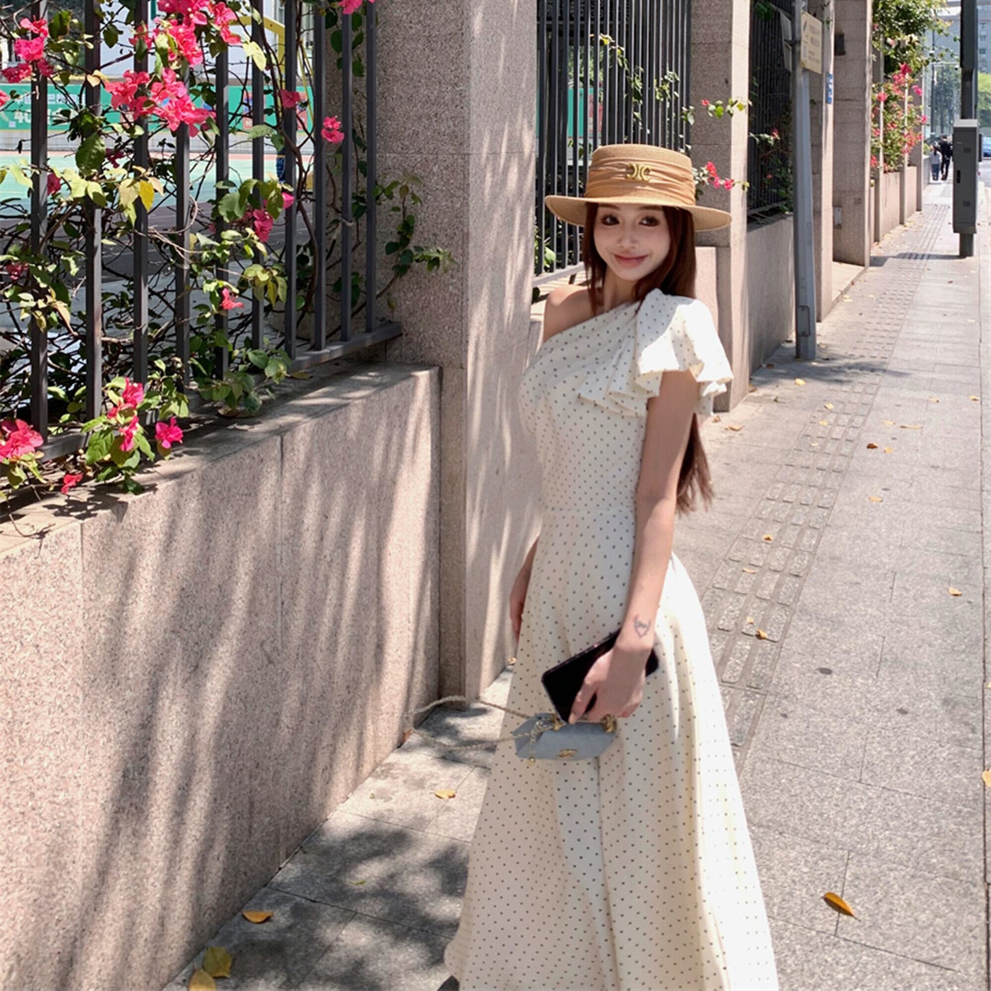【dress】ワンショルダーリボンドット柄ワンピース　N3045