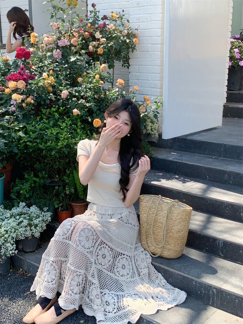 【set】トップス+レース透かし彫りスカート２点セットG21098