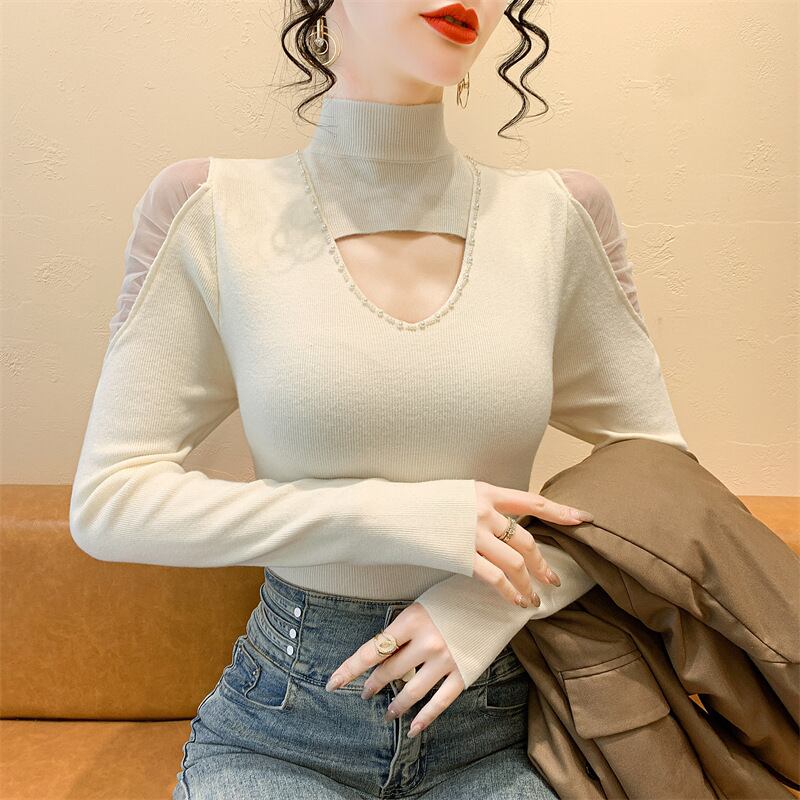 【tops】シースルーショルダーニットトップス　M28082