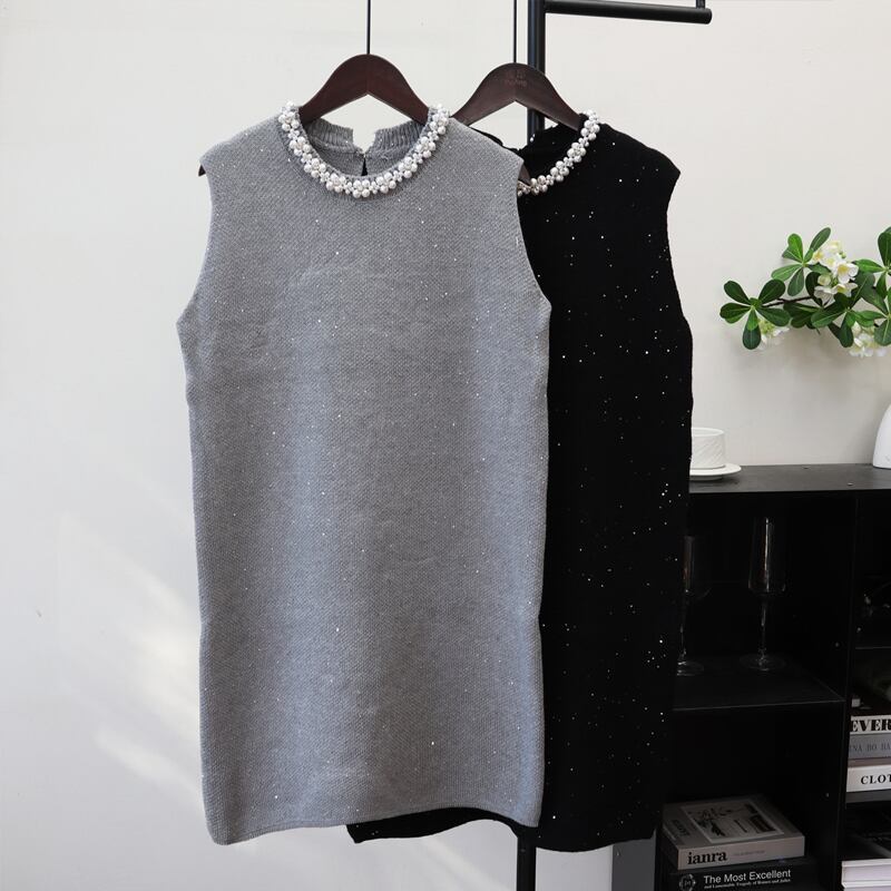 【dress】パール付きノースリーブニットワンピース Q7323