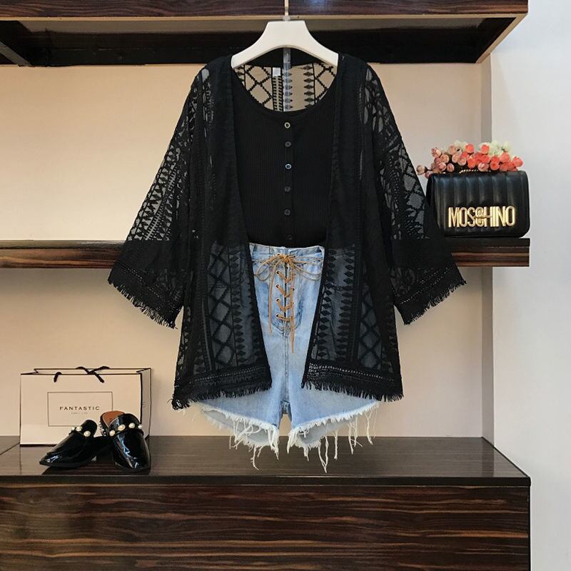 【set】好感度満載！3点セットレースカーディガン+無地タンクトップ+デニムショートパンツF0233