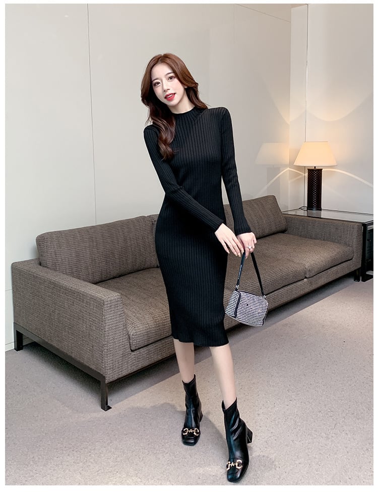 【dress】一目惚れ！2色ハーフネック長袖着やせ体型カバー無地ニットワンピースF1624