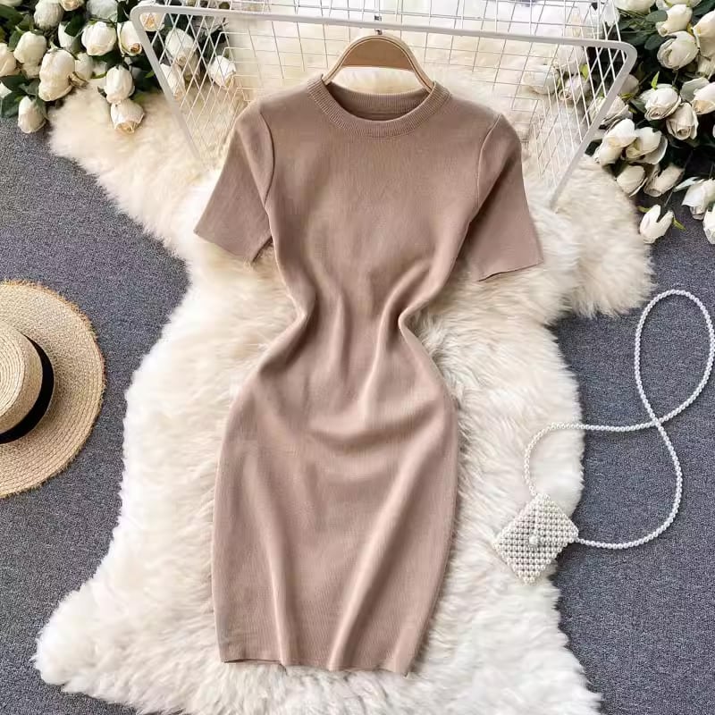 【dress】半袖体型カバーニットワンピースF7525