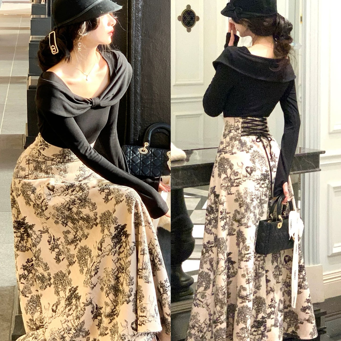 【set】リボンニットトップス×フレアスカートセット     N3416