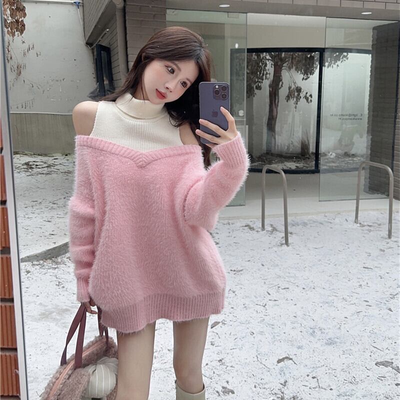 【tops】オフショルダー切り替えニットセーター　M27533