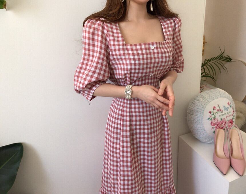 【dress】優しい雰囲気気質満点レトロスクエアネック着痩せ5分袖チェック柄ワンピース G1641