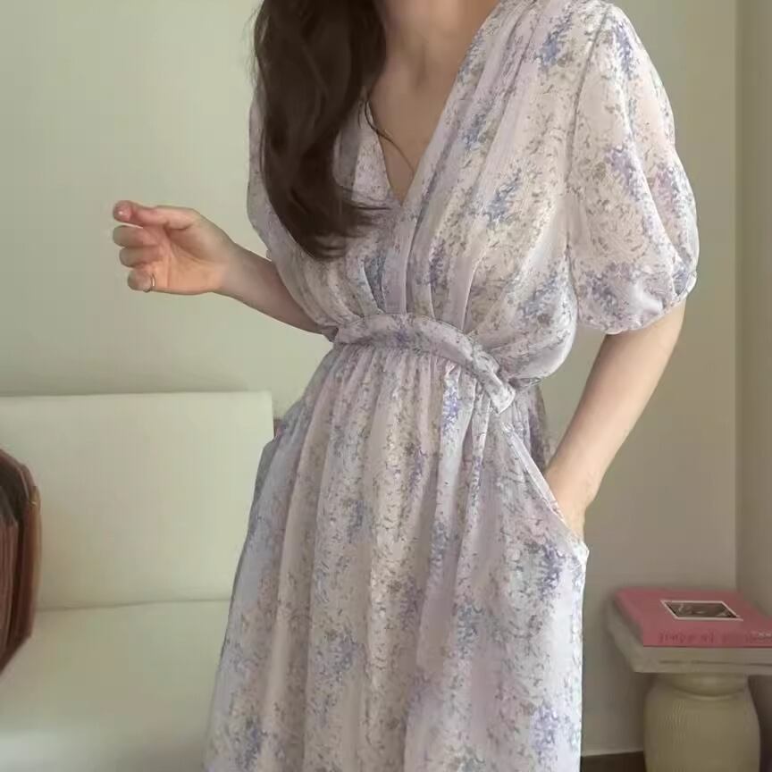 【dress】Vネック花柄パフスリーブワンピース G20746