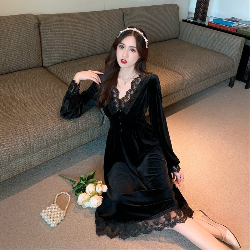 【dress】上品な質感エレガント気質満点オシャレレース切り替え着痩せワンピース G3140