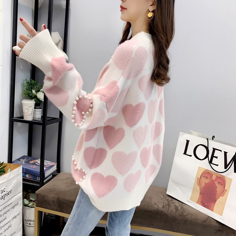 【tops】必ず目を引く2色ラウンドネック長袖ハート柄配色ゆったりビーズ飾りニットセーターF0682