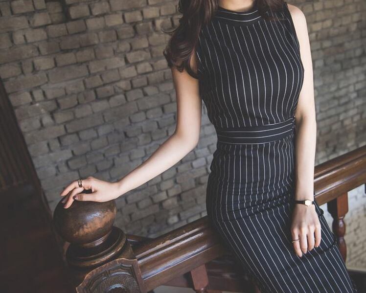 【dress】OL通勤好感度UP!気質満点ストライプ柄 ノースリーブワンピース G0892