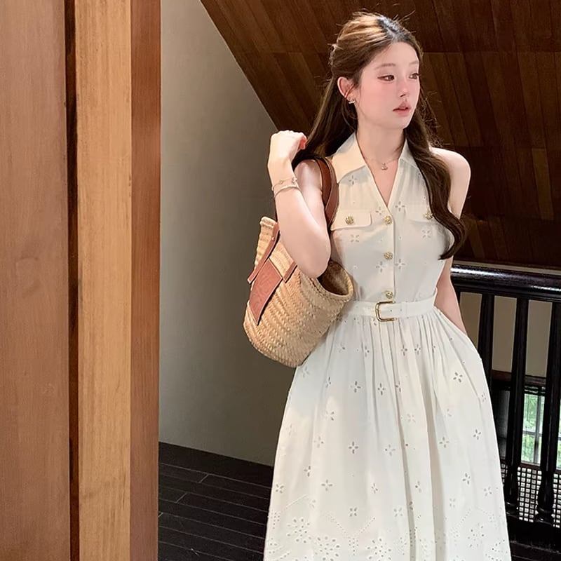 【dress】アイレットレースロングベストワンピース Q8457