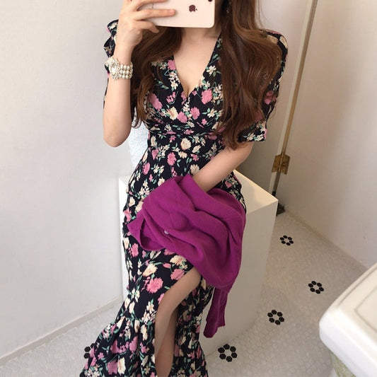 【dress】エレガントVネック気質満点夏スリット体型カバー着痩せシフォンワンピース G8301