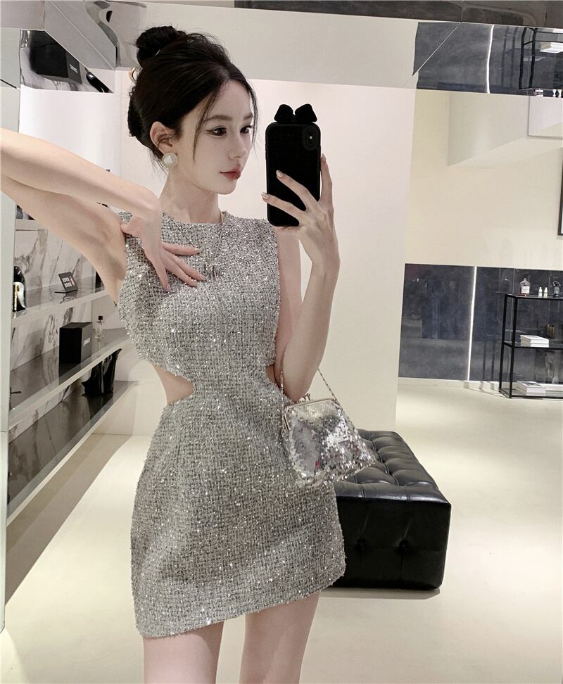 【dress】お値段以上！夏新作2色ラウンドネックノースリーブ二次会披露宴ワンピースF5558