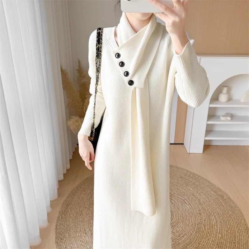 【dress】マフラー付きロングニットワンピース Q7315