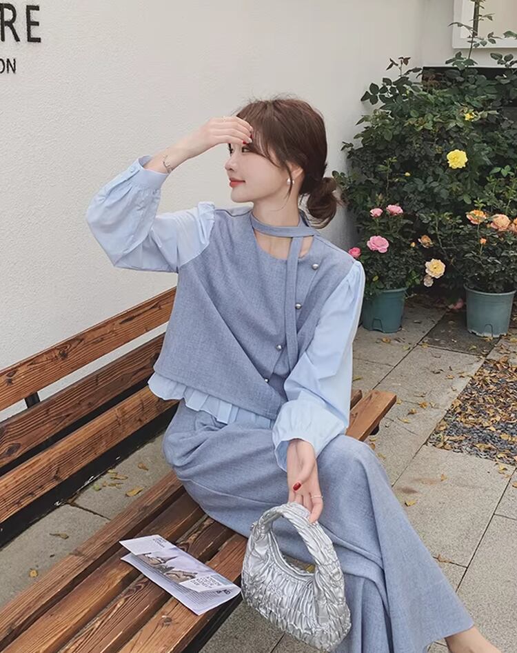 【set】フェイクレイヤードトップス×ワイドパンツセット Q8229