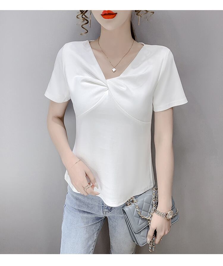 【tops】2色Vネック半袖ファッション無地着回しブラウスF0154