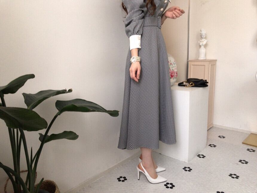 【dress】秋高級感 気質満点ドールカラーフランス風チェック柄ワンピース G1784