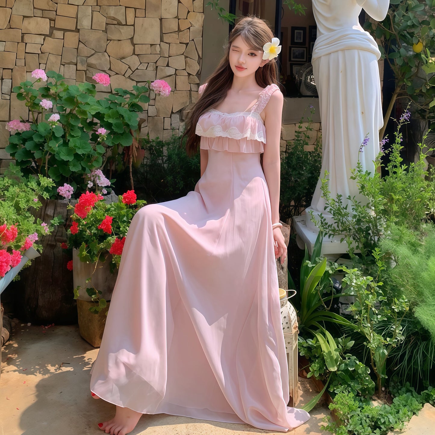 【dress】レースドッキングフリルロングワンピース　N3557