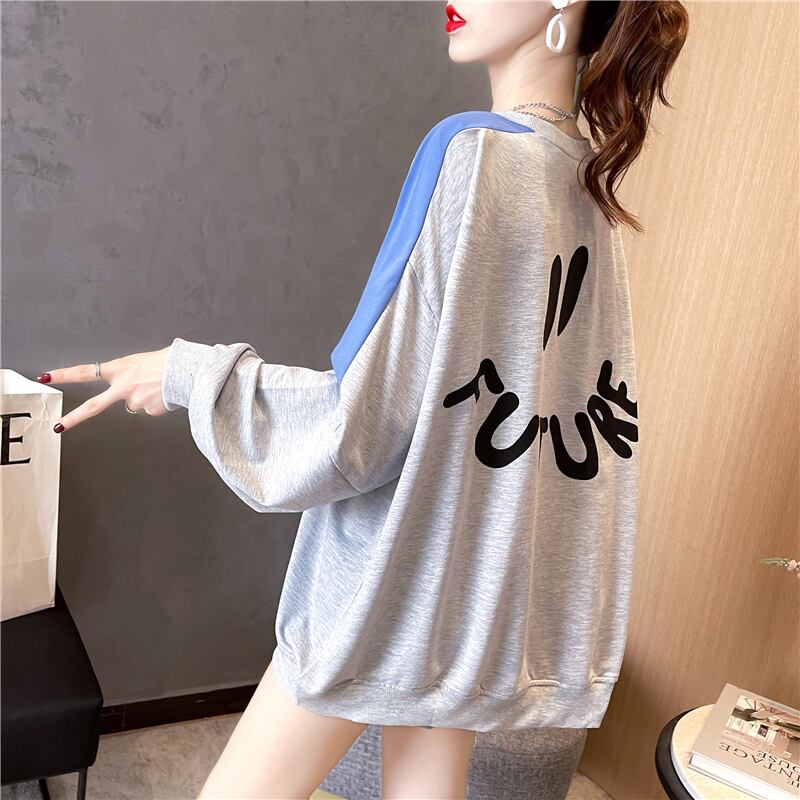 【tops】オシャレ度満点〜ラウンドネック長袖配色英字柄ゆったり着回しパーカーF0677