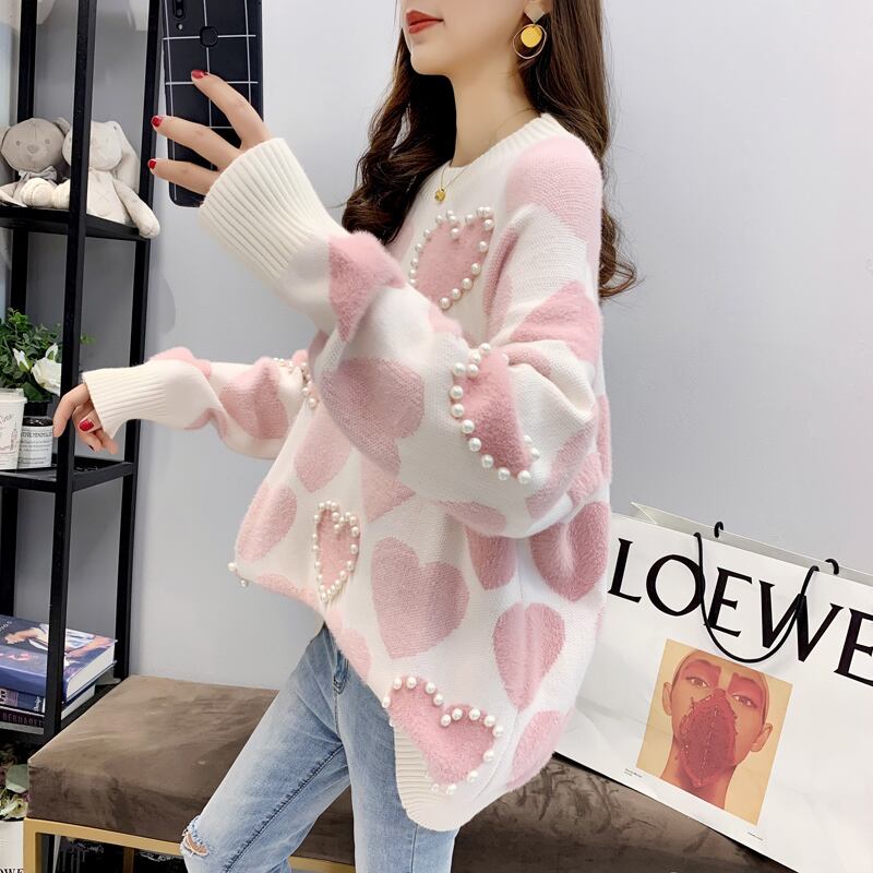 【tops】必ず目を引く2色ラウンドネック長袖ハート柄配色ゆったりビーズ飾りニットセーターF0682