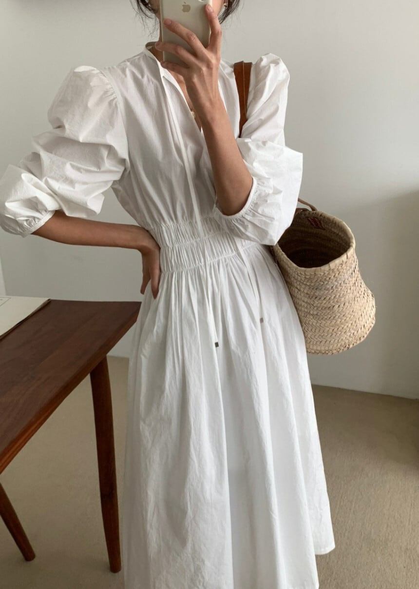 【dress】パフスリーブウエストギャザーワンピース　N2974