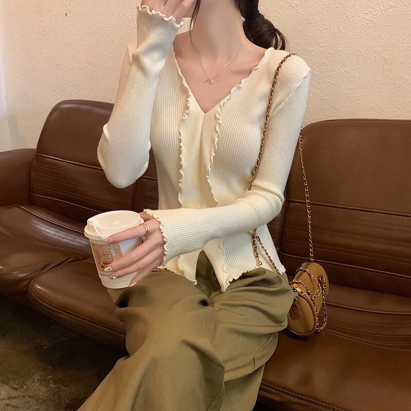 【tops】Vネックフリルニットトップス　M18839