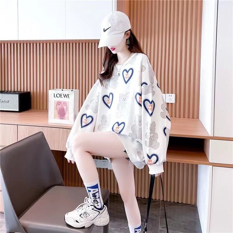 【tops】おすすめ3色裏起毛ラウンドネック長袖秋冬新作動物柄ハート柄配色厚手着回しパーカーF1333