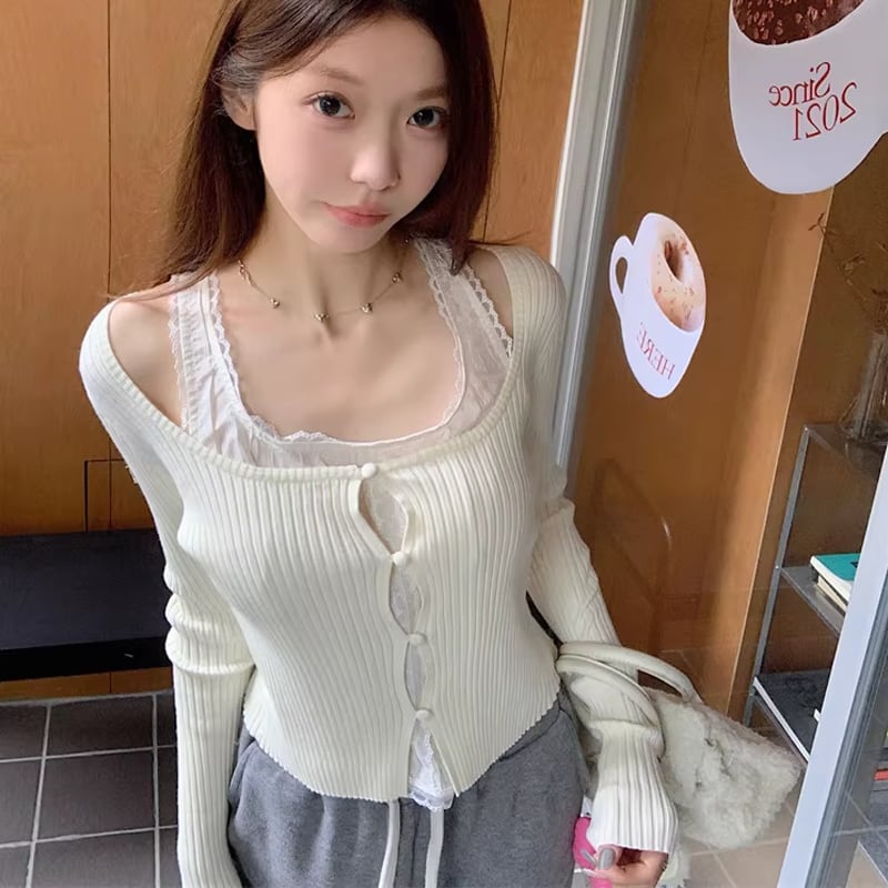 【tops】フェイクレイヤードニットトップス Q8152
